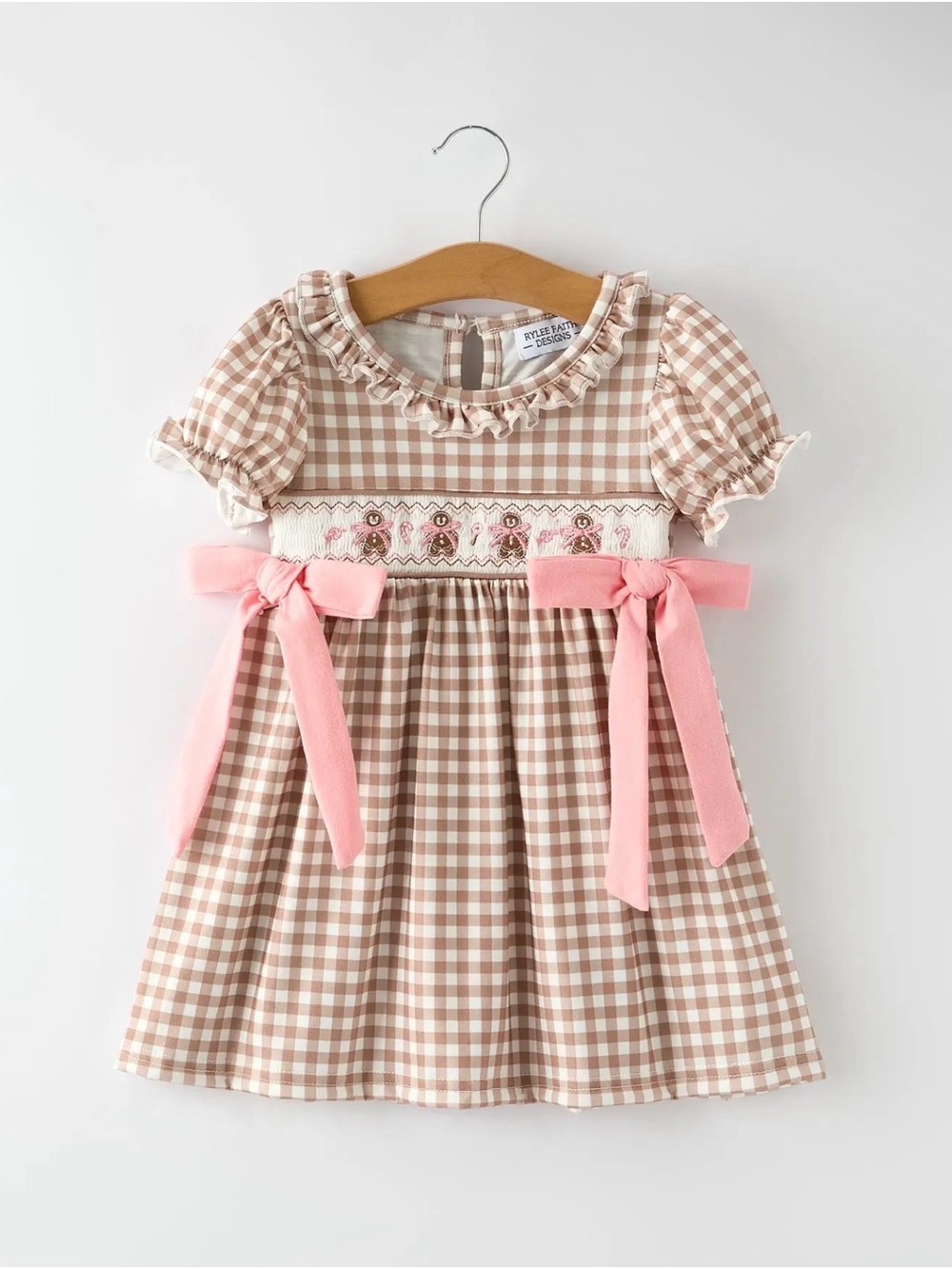 Rylee Faith Christmas VintageStyle Plaid Dress W/ Embroidered Gingerbread & Bows